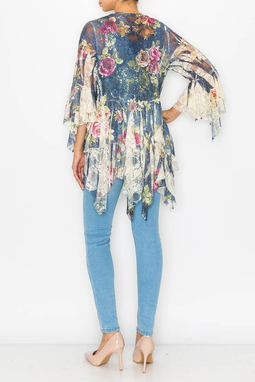 Origami Apparel ~ Lace and Crochet inspired - OLS-4618 BG/DENIM ROSE CARDIGAN