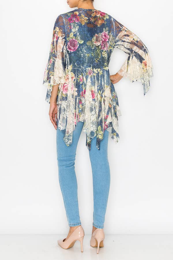 Origami Apparel ~ Lace and Crochet inspired - OLS-4618 BG/DENIM ROSE CARDIGAN