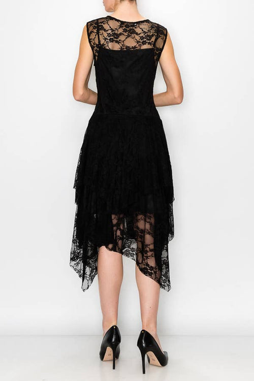 Origami Apparel ~ Lace and Crochet inspired - Whimsical Sleeveless Lace Midi Dress With Unattached Slip - 4609BLACK