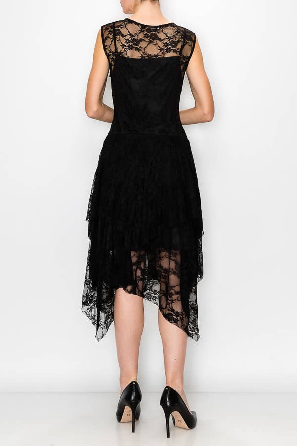 Origami Apparel ~ Lace and Crochet inspired - Whimsical Sleeveless Lace Midi Dress With Unattached Slip - 4609BLACK