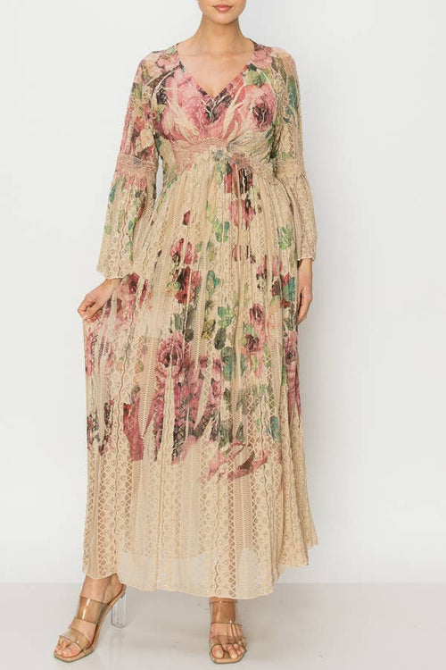 Origami Apparel ~ Lace and Crochet inspired - Romantic Lace Bell-Sleeved A-Line Midi Dress - 4658TP-BIG ROSE