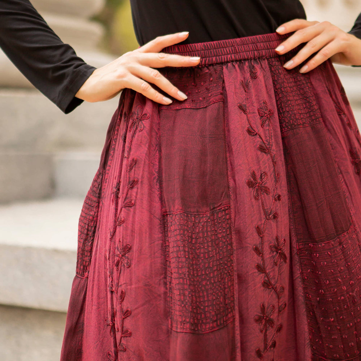 Young Threads - Women Patchwork Embroidered Grey Maxi Skirt With Side Pockets