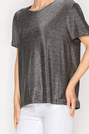 Origami Apparel ~ Lace and Crochet inspired - SUBTLY SPARKLY LUREX FABRIC SHORT SLEEVE TUNIC TOP4874BK-SIL