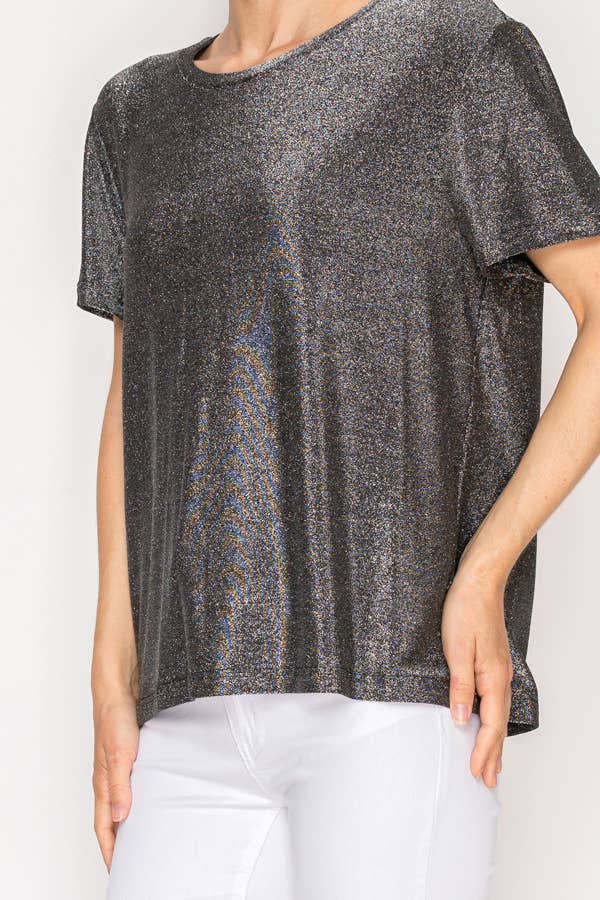Origami Apparel ~ Lace and Crochet inspired - SUBTLY SPARKLY LUREX FABRIC SHORT SLEEVE TUNIC TOP4874BK-SIL