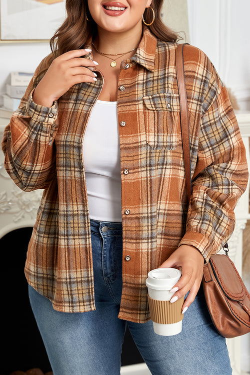 Brown Plaid Print Flap Pocket Buttoned Plus Size Shacket