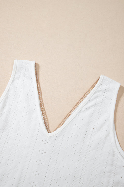 White Lace Crochet Splicing Eyelet V Neck Tank Top