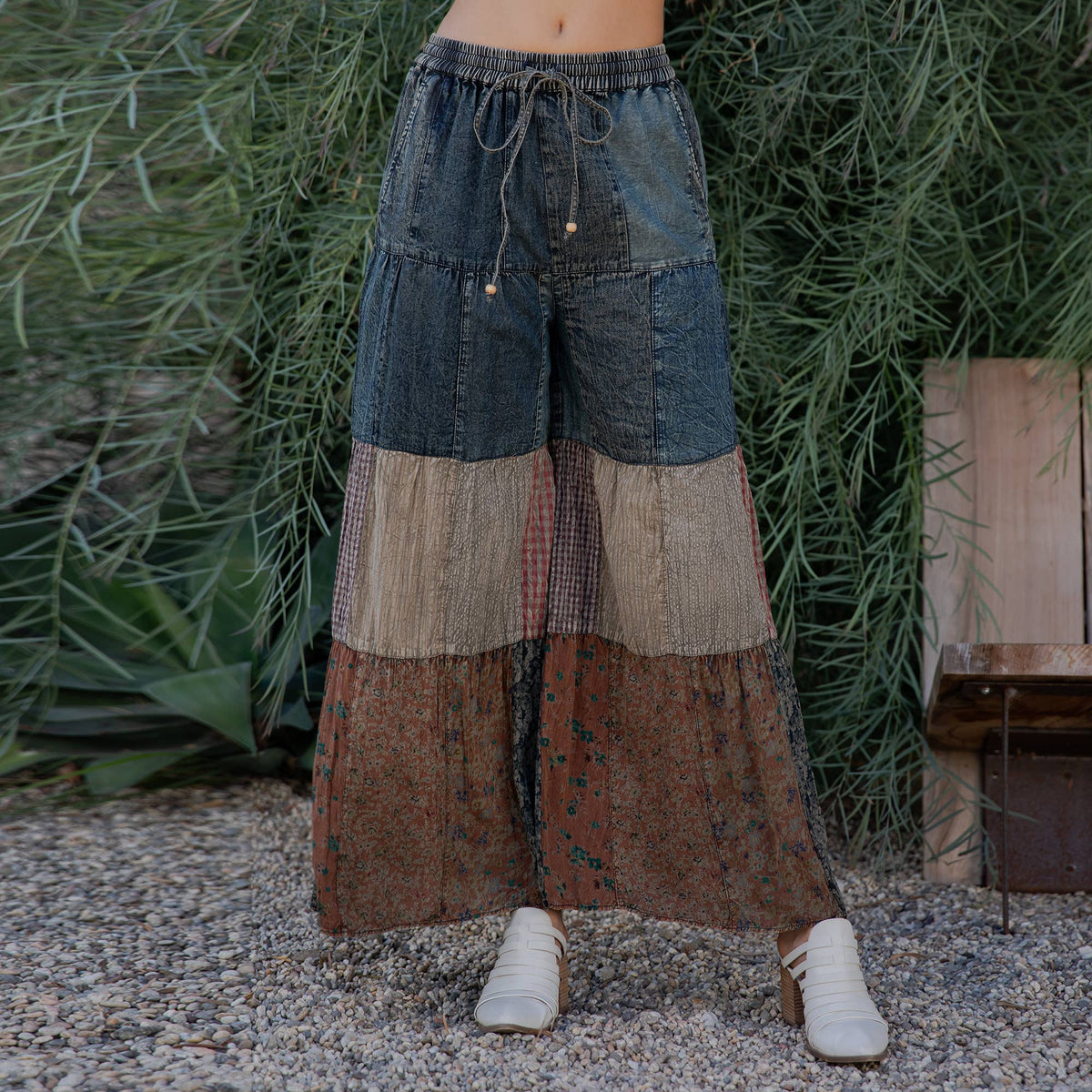 Young Threads - Boho chic Tiered Patch Inserted Denim &Knit Pants(New Color)