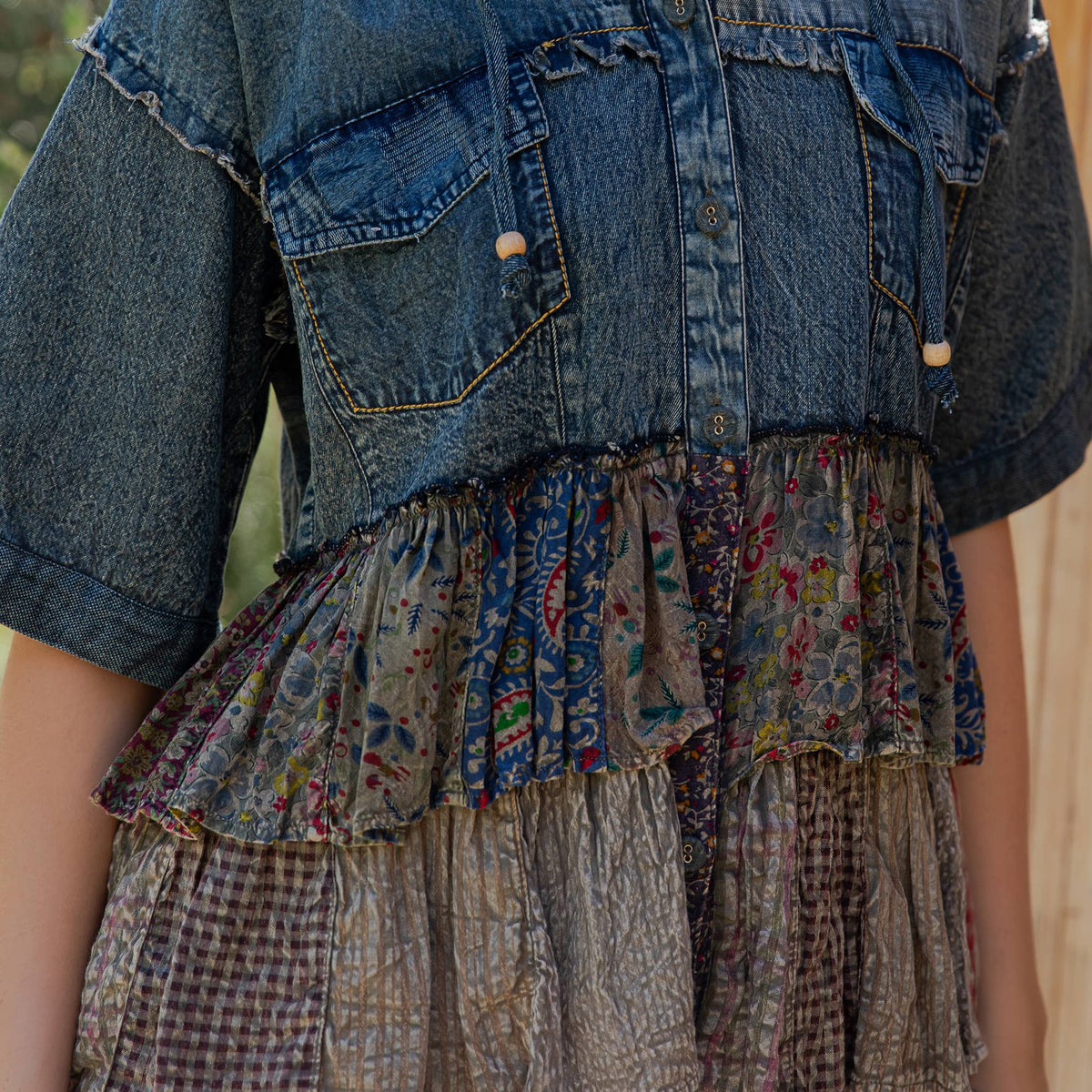 Young Threads - Front-Open Hooded Denim Shirt with Playful Mixed Ruffles