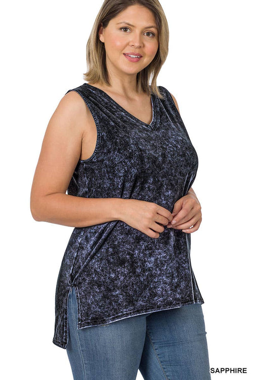42POPS - ,,,,....SI-22151 Plus size Mineral Wash Top w/ Side Slit