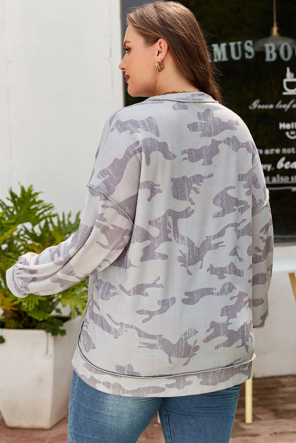 Multicolour Camouflage Print Round Neck Plus Size Sweatshirt