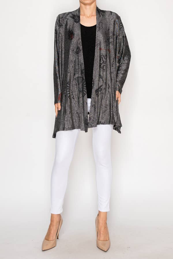Origami Apparel ~  Lace and Crochet inspired - Rock & Roll Printed Shimmery Lurex Cardigan - OLS-4883BK-SIL RNR