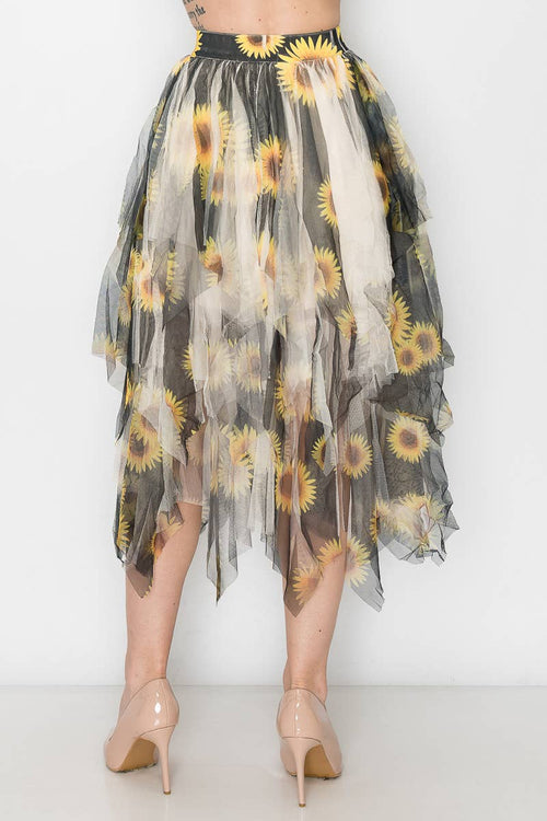 Origami Apparel ~ Lace and Crochet inspired - Dreamy Tiered Tulle Midi Skirt With Floaty Hem - 4546 BG/BK SUN FL