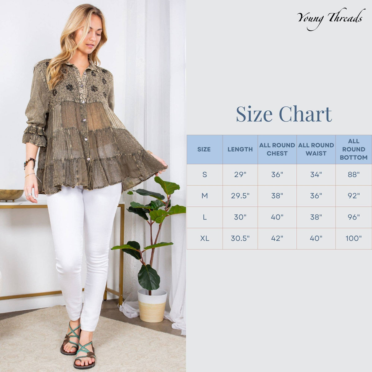 Young Threads - Women’s Mexican Embroidery Blouse - Gathered Waist Shirt