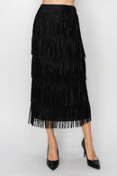 Origami Apparel ~ Multi Layered Fringed Black Midi Skirt - OLS-4794BK