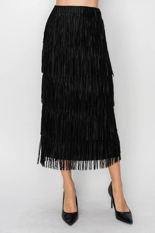 Origami Apparel ~ Multi Layered Fringed Black Midi Skirt - OLS-4794BK