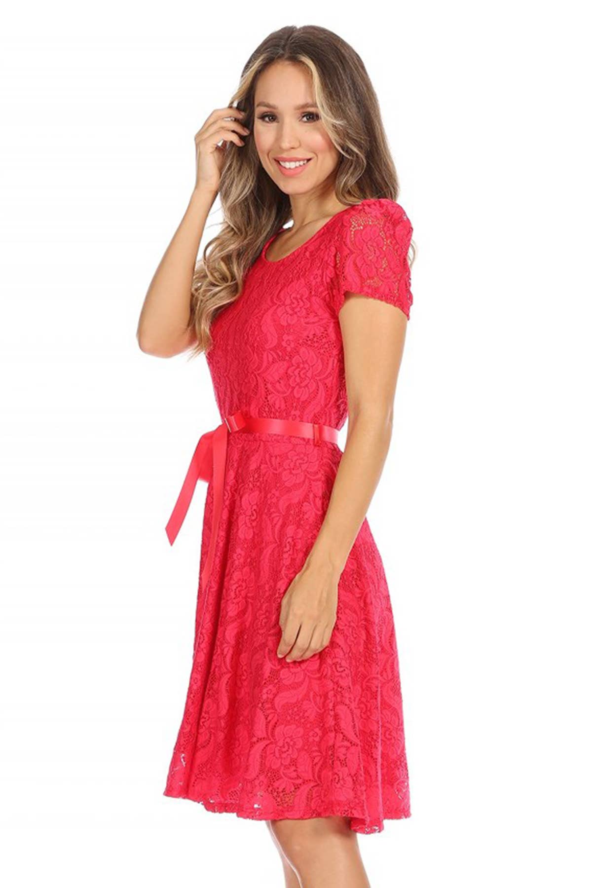 MOA COLLECTION - Women's Lace Short Sleeve A-Line Midi Dress