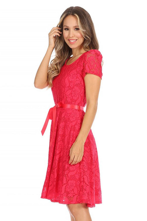 MOA COLLECTION - Women's Lace Short Sleeve A-Line Midi Dress