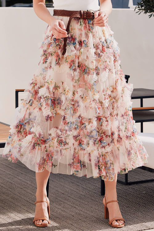 Bluivy - FLORAL RUFFLED MESH MIDI SKIRT