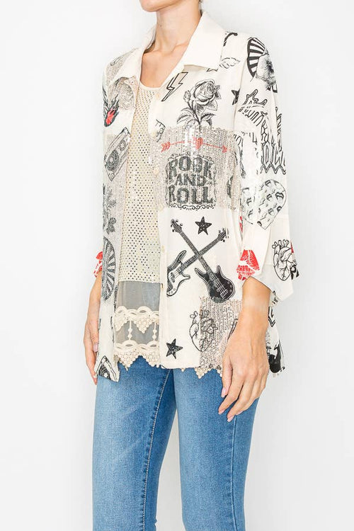 Origami Apparel ~ Lace and Crochet inspired - Lightweight Sequin and Lace Detailed Button-Up Blouse - 4718BG RNR