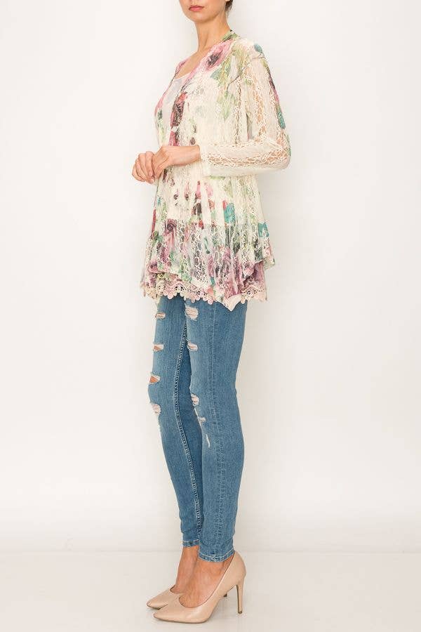 Origami Apparel ~ Lace and Crochet inspired - Feminine Stretchy Snug Long Sleeve Lace Cardigan - 493BIG ROSE