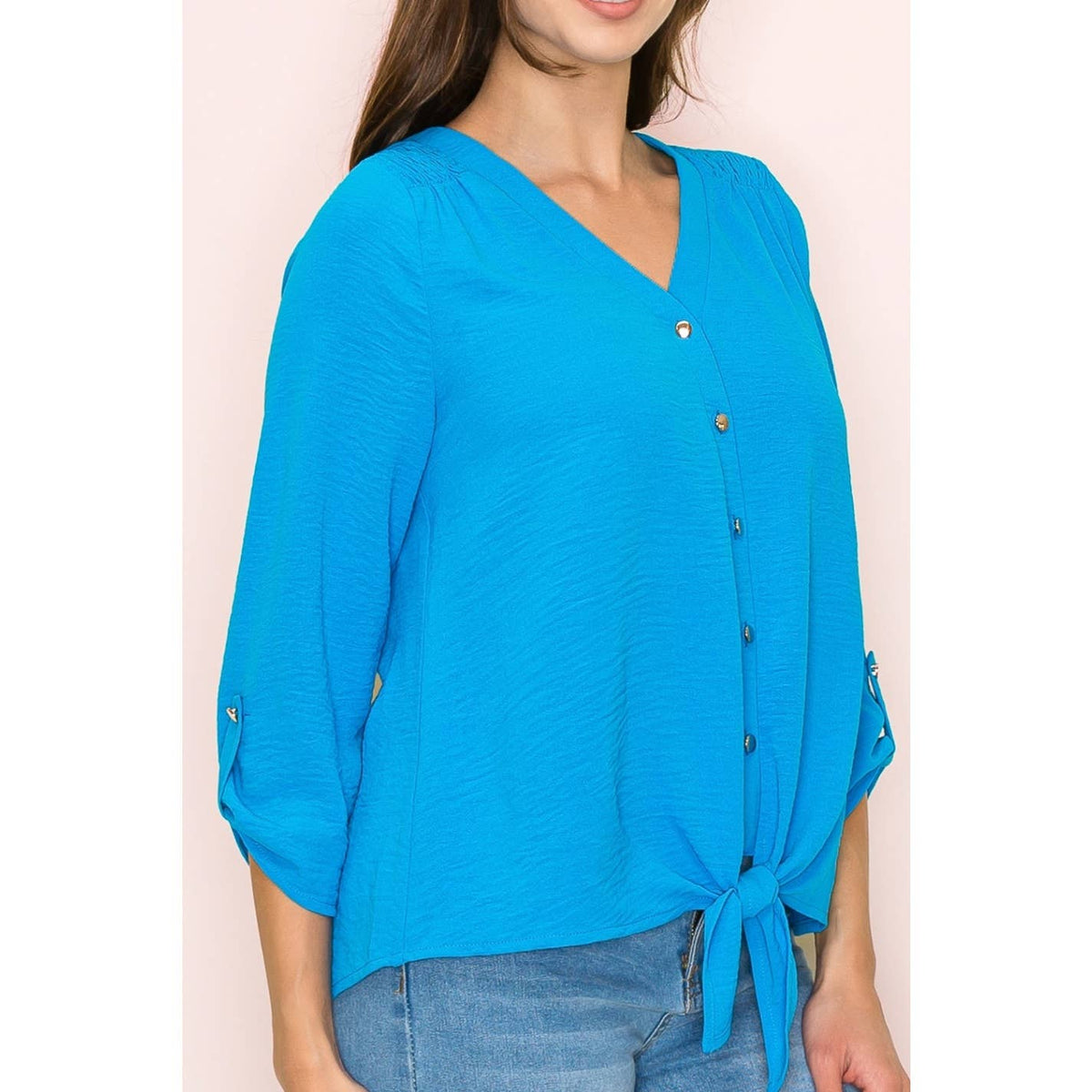 Perseption - VNECK AIR FLOW SMOCKING SHOULDER TIE FRONT SHIRT