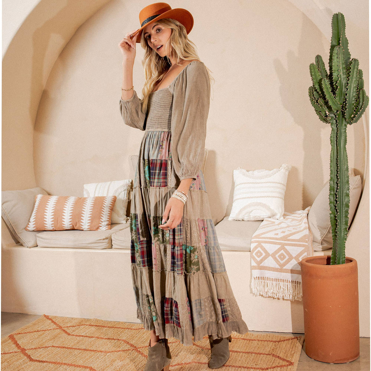 Young Threads - Rustic Bohemian: Smocked Patchwork Maxi Dress - New
