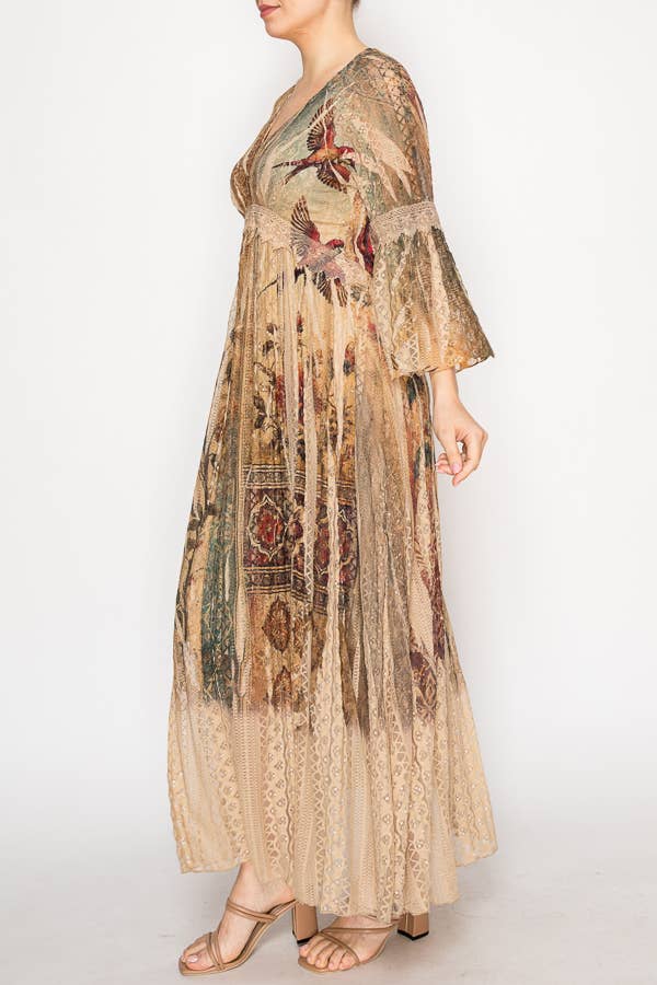Origami Apparel ~ Lace and Crochet inspired - Romantic Lace Bell-Sleeved A-Line Midi Dress - 4658TP VINT BIRD