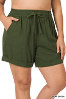 PLUS LINEN DRAWSTRING-WAIST SHORTS WITH POCKETS