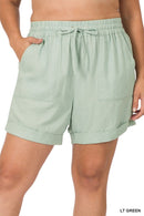 PLUS LINEN DRAWSTRING-WAIST SHORTS WITH POCKETS