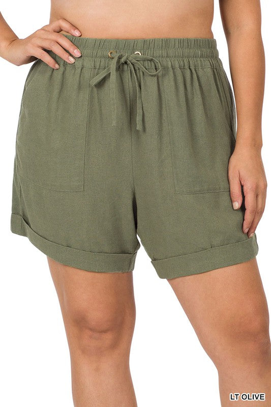 PLUS LINEN DRAWSTRING-WAIST SHORTS WITH POCKETS