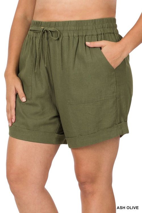 PLUS LINEN DRAWSTRING-WAIST SHORTS WITH POCKETS