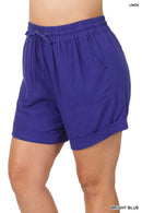 PLUS LINEN DRAWSTRING-WAIST SHORTS WITH POCKETS