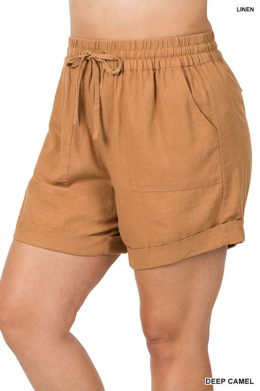PLUS LINEN DRAWSTRING-WAIST SHORTS WITH POCKETS