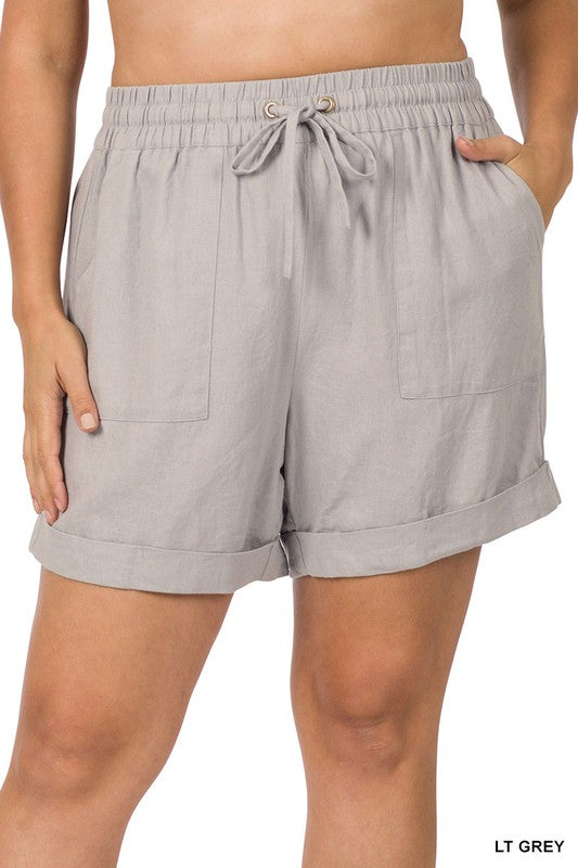 PLUS LINEN DRAWSTRING-WAIST SHORTS WITH POCKETS
