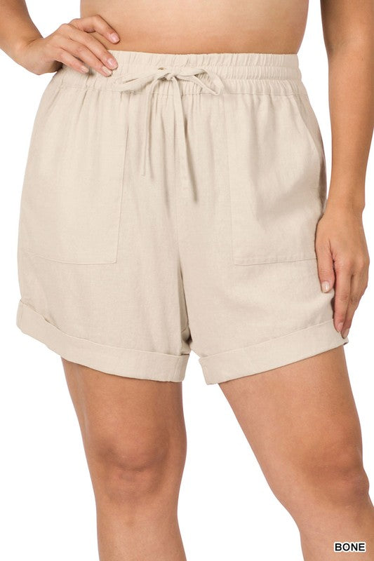 PLUS LINEN DRAWSTRING-WAIST SHORTS WITH POCKETS