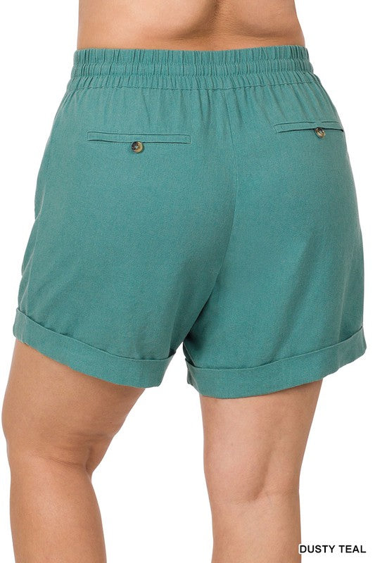 PLUS LINEN DRAWSTRING-WAIST SHORTS WITH POCKETS