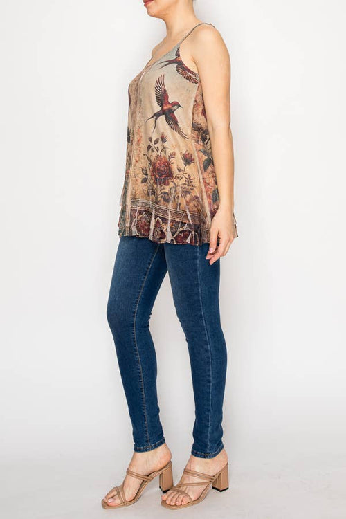 Origami Apparel ~ Lace and Crochet inspired - Adjustable Relaxed Cami Tank With Layered Ruffled Trim - T14TP VINT BIRD