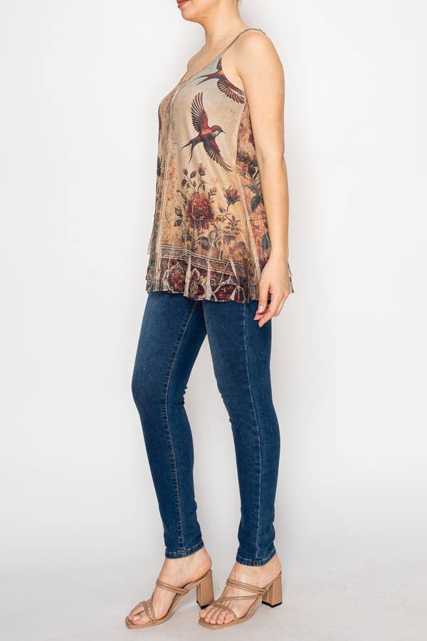 Origami Apparel ~  Lace and Crochet inspired - Adjustable Relaxed Cami Tank With Layered Ruffled Trim - T14TP VINT BIRD