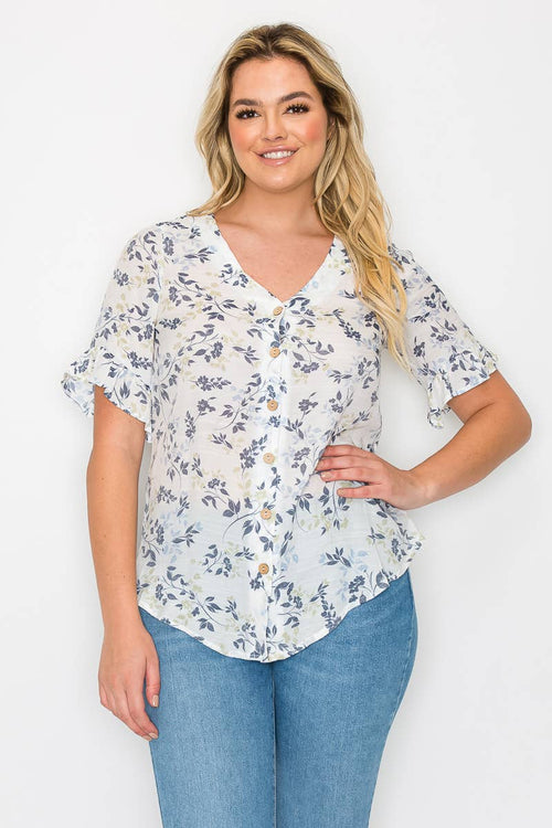 Perseption - V Neck Button Down Ruffle Short Sleeve Shirt