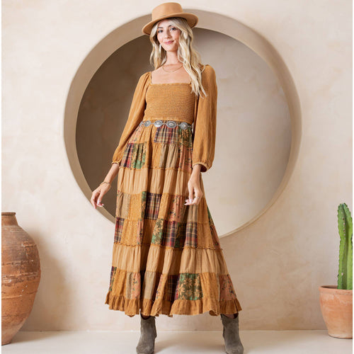 Young Threads - Rustic Bohemian: Smocked Patchwork Maxi Dress - New