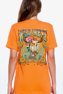 Back view of a Wild West graphic short-sleeve T-shirt with a colorful western design