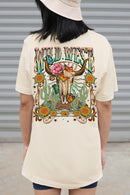 Back view of a Wild West graphic short-sleeve T-shirt with a colorful western design