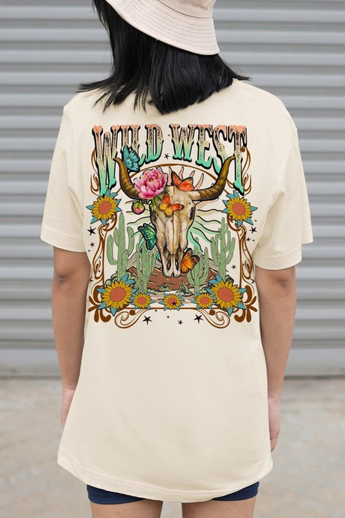 Back view of a Wild West graphic short-sleeve T-shirt with a colorful western design
