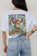 Back view of a Wild West graphic short-sleeve T-shirt with a colorful western design