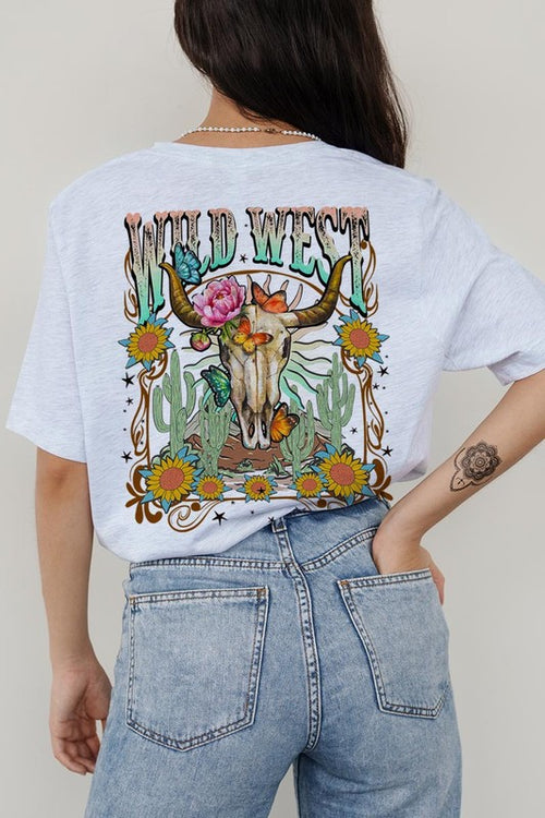 Back view of a Wild West graphic short-sleeve T-shirt with a colorful western design