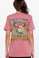 Back view of a Wild West graphic short-sleeve T-shirt with a colorful western design