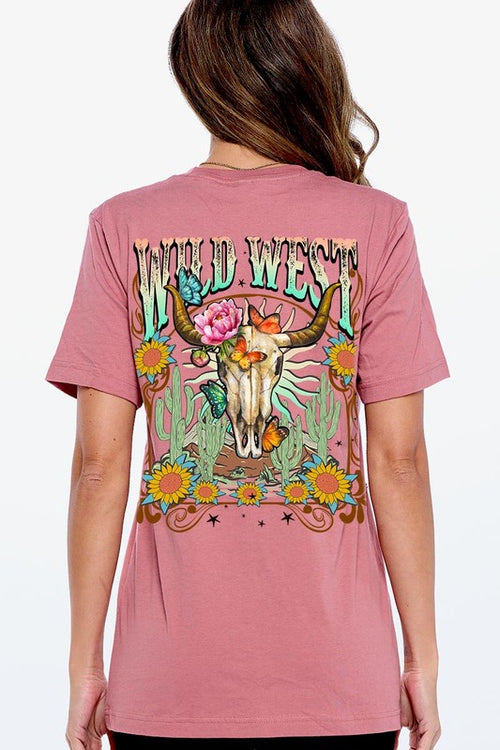 Back view of a Wild West graphic short-sleeve T-shirt with a colorful western design