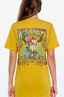 Back view of a Wild West graphic short-sleeve T-shirt with a colorful western design