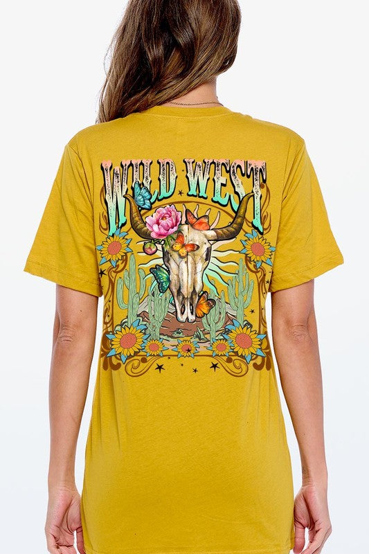 Back view of a Wild West graphic short-sleeve T-shirt with a colorful western design