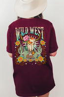Back view of a Wild West graphic short-sleeve T-shirt with a colorful western design